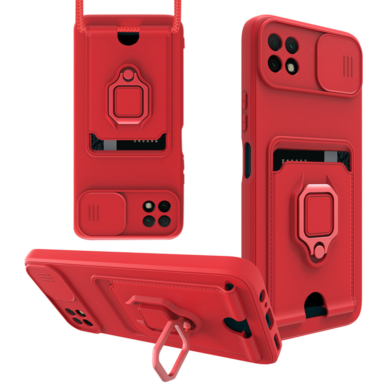 High Quality Samsung 22 5G Case with Camera cover, Kickstand, Slide lens protection, Magnetic ring stand, Crossbody strap and Card holder In Red